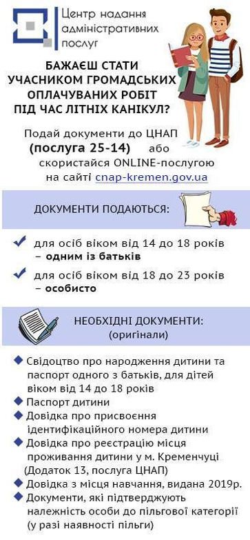 Общественными оплачиваемыми работами планируется охватить около 280 юных кременчужан