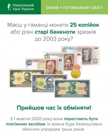 НБУ выводит из обращения монеты номиналом 25 копеек и старые банкноты до 2003 года